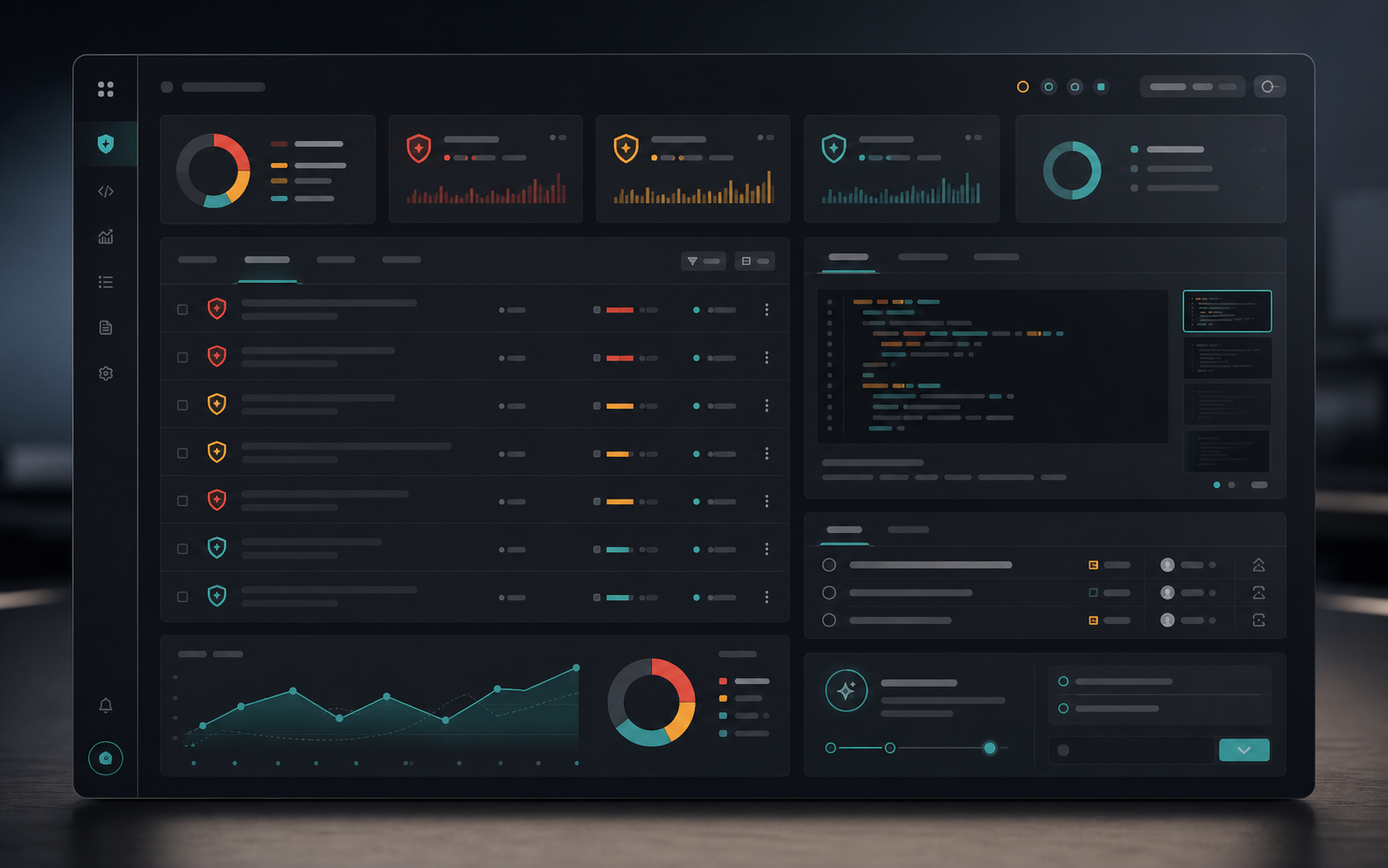 Dark enterprise security audit dashboard with vulnerability cards, evidence panels, charts, and remediation workflow